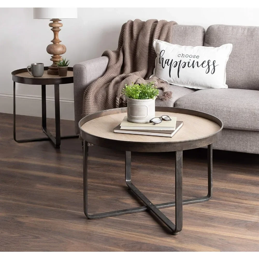 Modern Farmhouse Round Coffee Table With Black Wrought-Iron Criss Cross Base and White Oak Finished Wooden Insert Tables