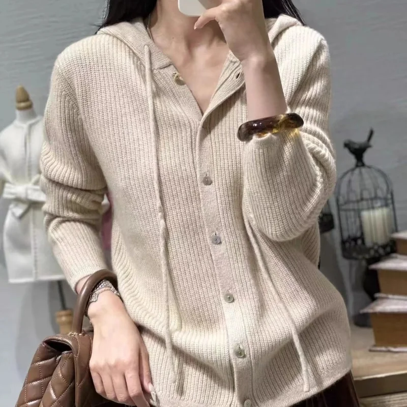 100% Pure Wool Sweater Women\'s Clothing Knitted Cardigan Autumn Winter New Casual Hooded Cardigan Loose Korean Long Sleeved Top