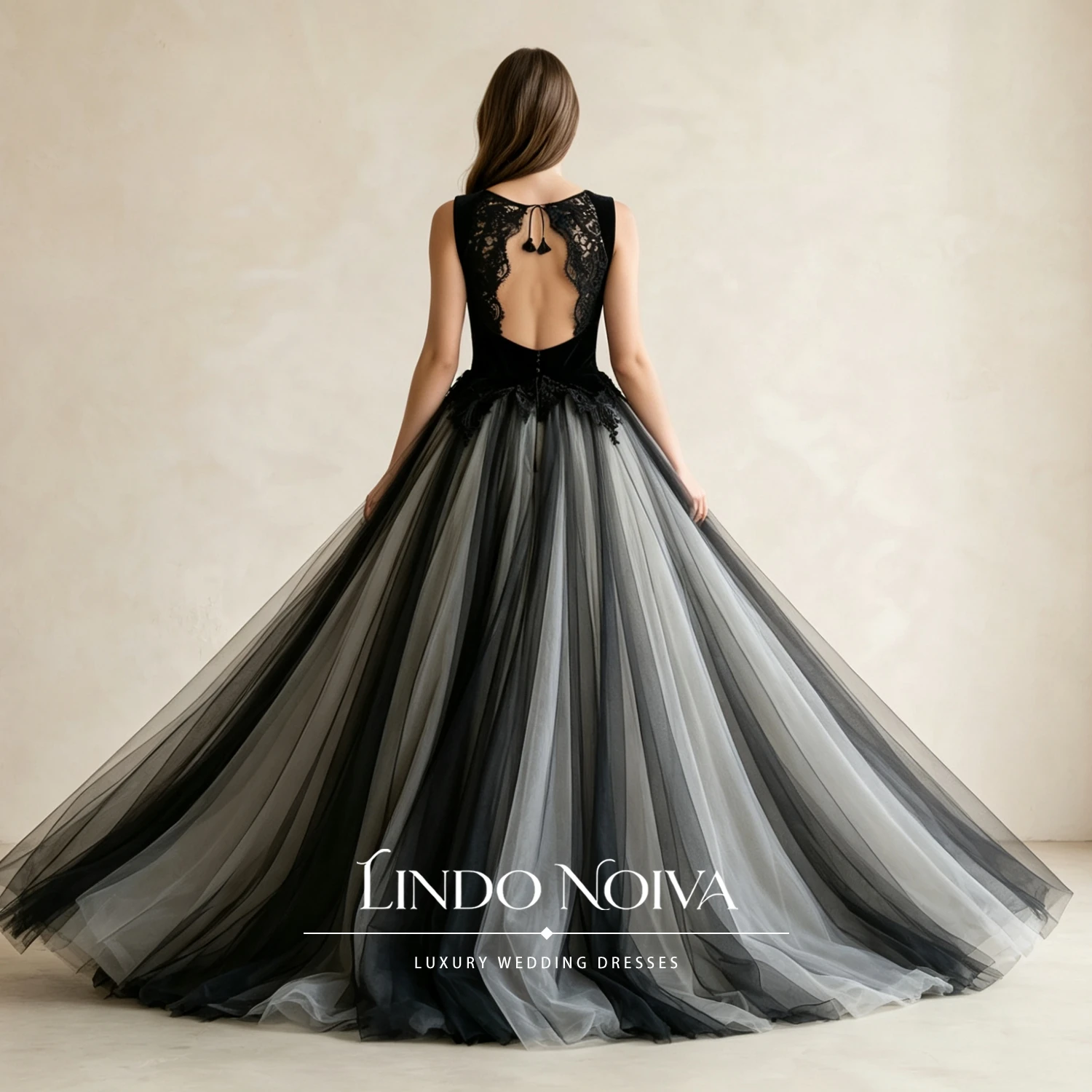LINDO NOIVA Tulle A-Line Wedding Dress Black Square Neck Ballgown Bridal Gown Cutout Open Back Vestido De Novia Customized
