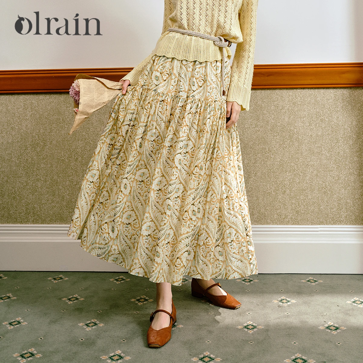 

OLrain богемные длинные юбки женские, осень 2022, юбка с эластичной резинкой на талии и французским принтом, расклешенная юбка, женская одежда M57QB99959