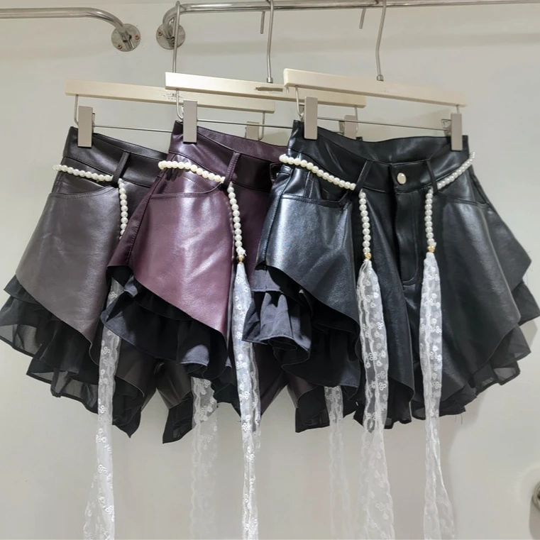 

2026 Fall and Winter New Arrival Pu Shorts for Women with Belt, Slimming Look A-line Culottes with Lace Casual Wide-leg Boots