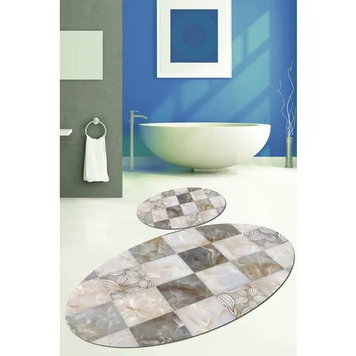 Else Kadser Gray Marble 3D Oval Bath Mat Set Toilet Seat Pad