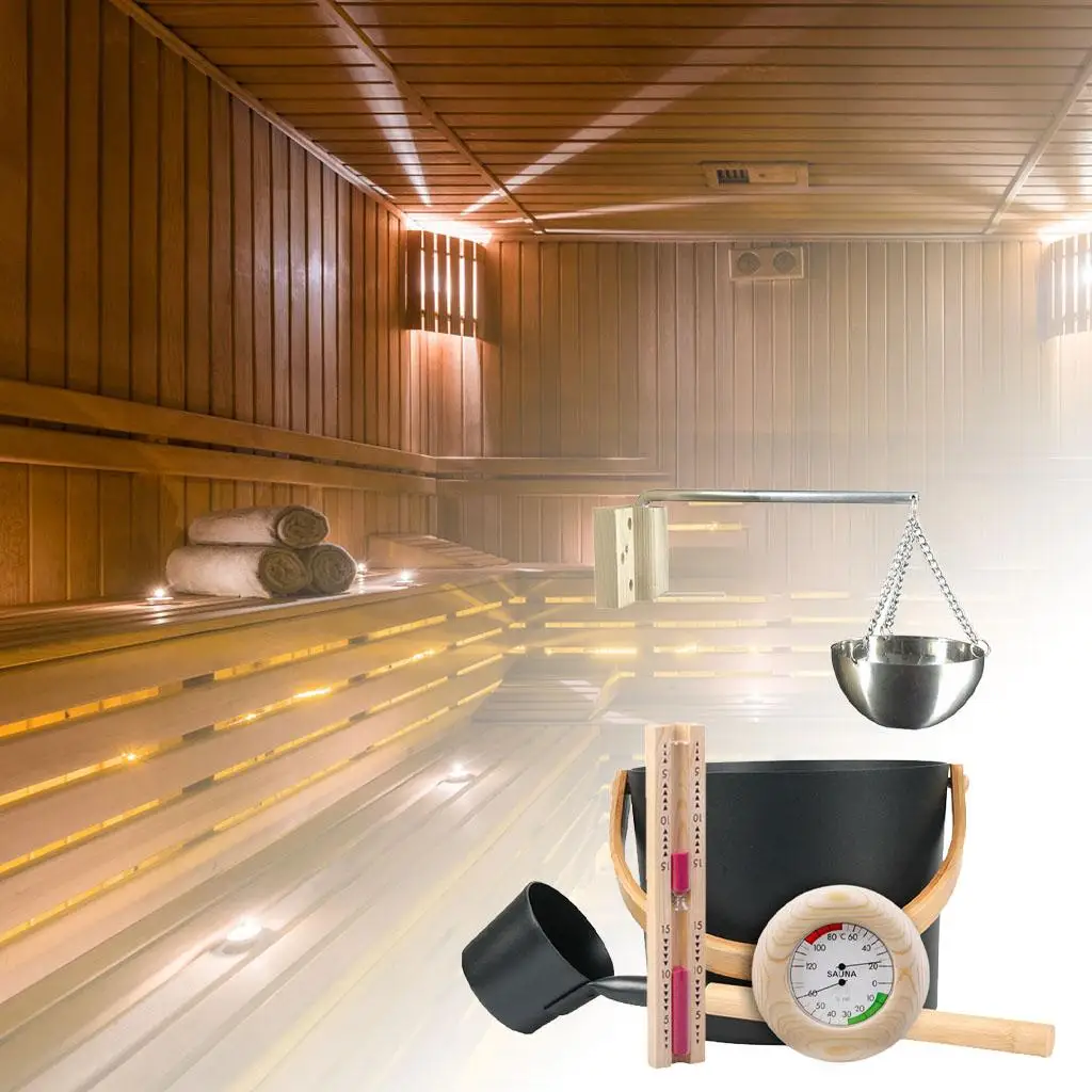 Sauna Bucket Kit Matching Wooden and Metal Bowl Hygrometer for Bath Bathroom Steam Room