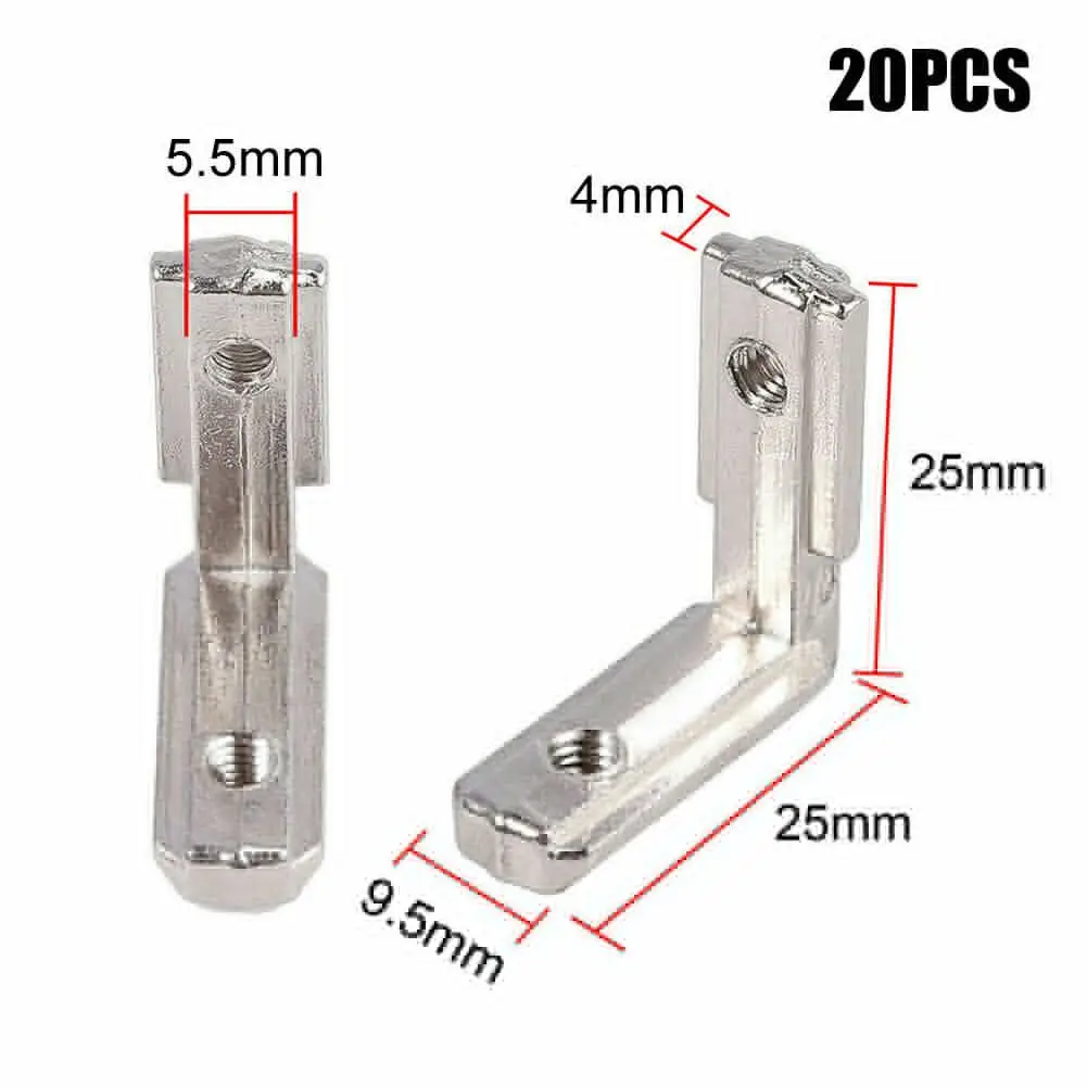 Soportes en forma de L de perfil de aluminio con ranura en T de 20 piezas, conector interior de 90 °, soporte de conector de esquina interior de Eu-2020