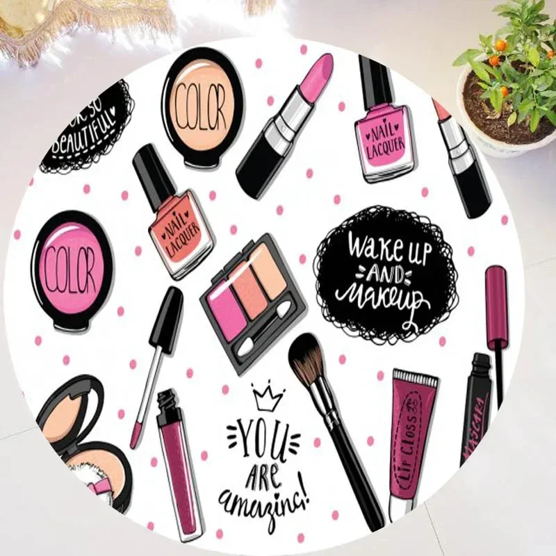 Girly Pink Lipstick Nail Polish Makeup Round Rug Watercolor Style Cosmetic Circle Carpet Living Room Bedroom Decor Floor Mat
