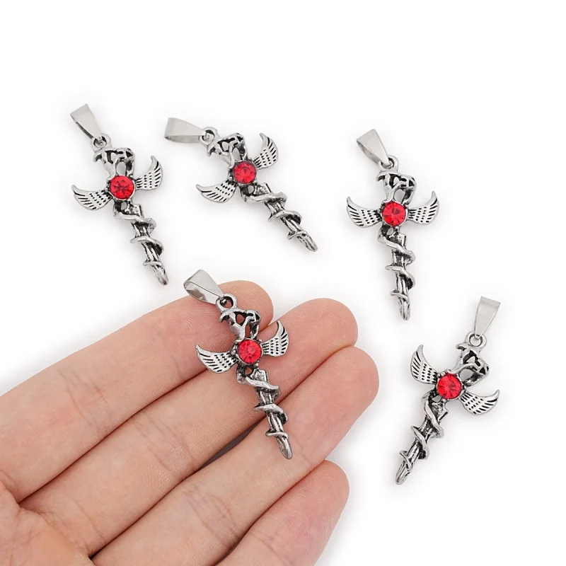 5Pcs Gothic Antique Silver Winged Snake Sword Red Water Diamond Gothic Cross Pendant DIY Handmade Necklace Bracelet Jewelry