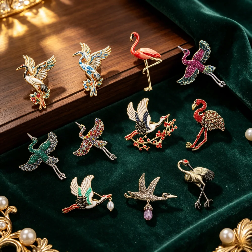 Baroque Luxury Vintage Chinese-Style Crane Design Men's and Women's Brooches, Pins, Fashion Accessories, and Party Gifts