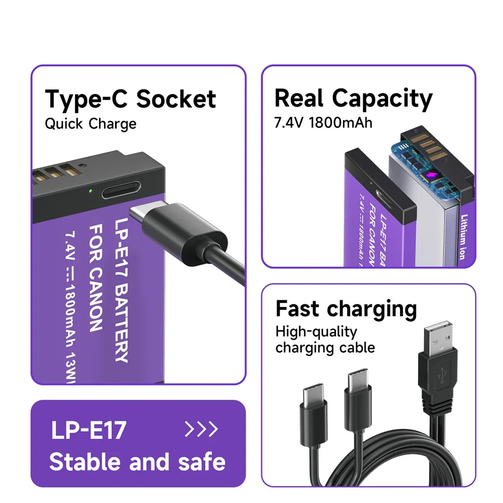 بالو 1800mAh LP-E17 USB نوع C LPE17 LP E17 بطارية لكانون EOS RP 200 250D M3 M5 M6 750D 760D T6i T6s 800D 8000D 77D قبلة X8i