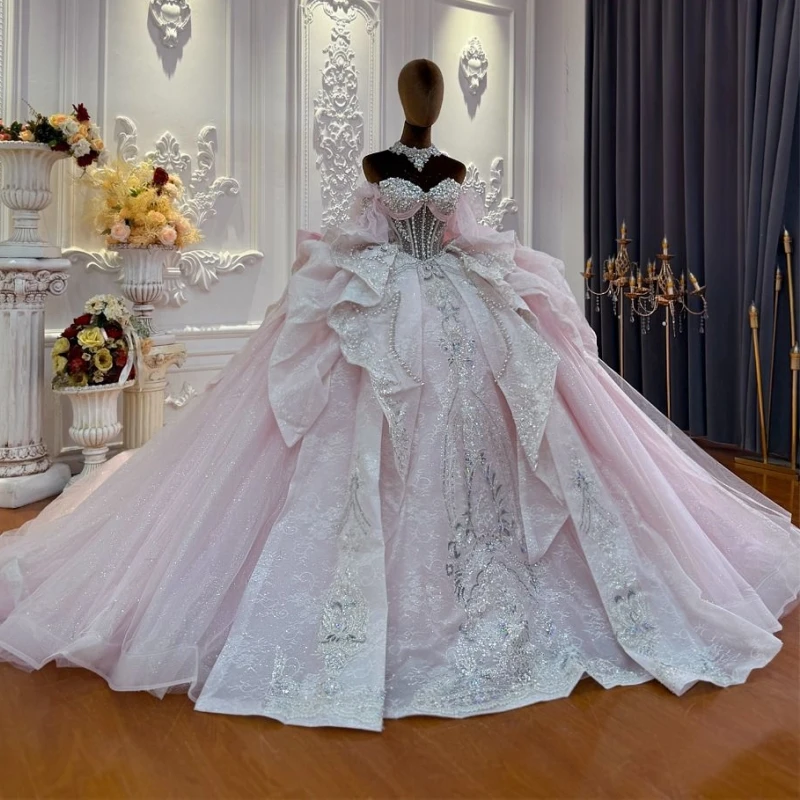 Shiny Pink Quinceanera Dress off-shoulder Glitter Crystal Applique Bow Flower Decal Layering Long tail vestidos de 15 anos