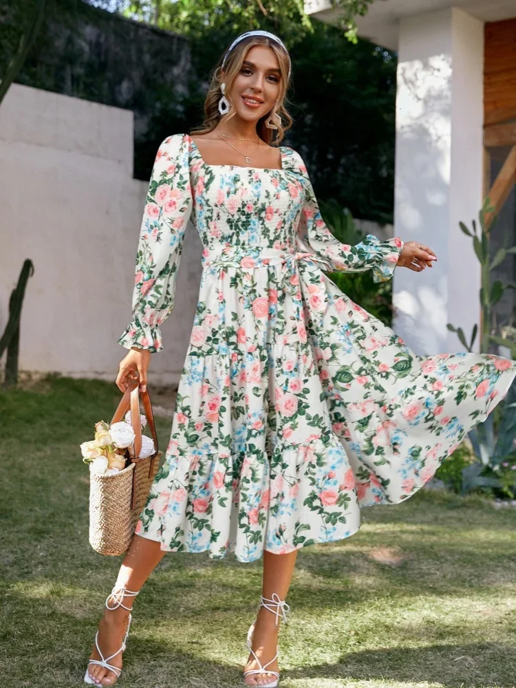 

Женское темпераментное элегантное платье с квадратным вырезом и длинными рукавами и высокой талией, привлекательные свободные длинные платья для отпуска