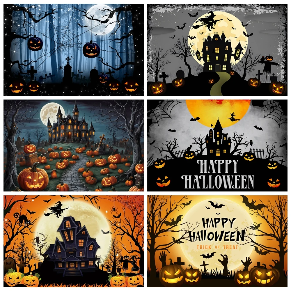 

Cartoon Halloween Backdrop For Photography Horror Moon Scary Pumpkin Bat Witch Halloween kid Party Background Photo Studio Props