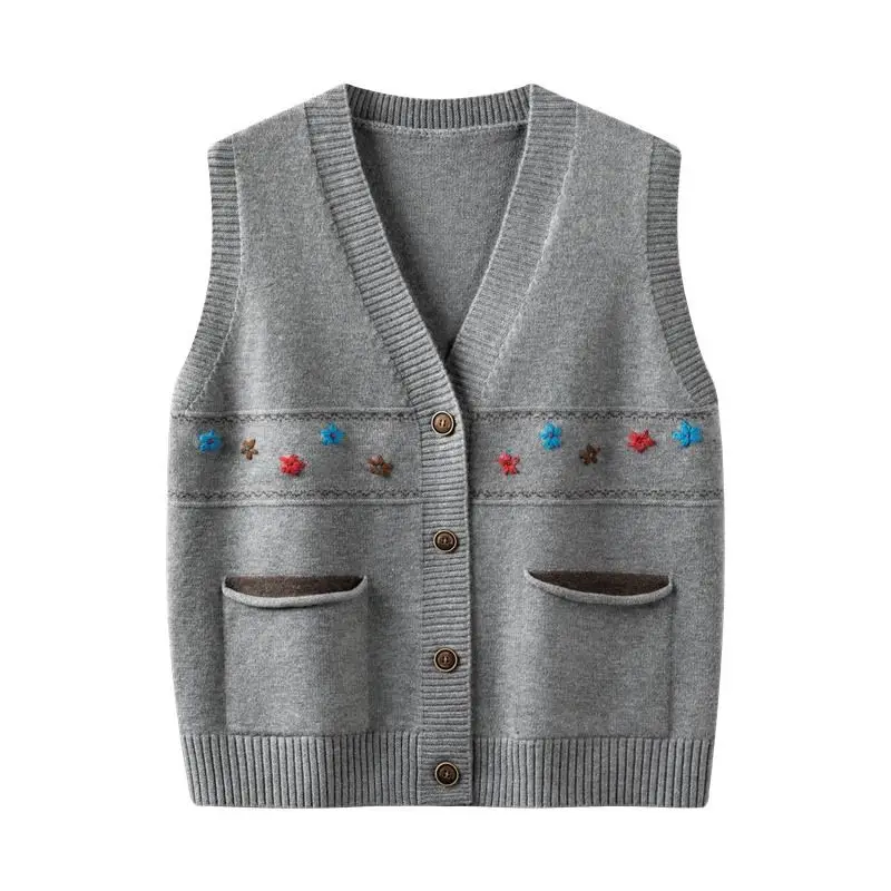 

Women Spring Fall Oversized Floral Embroidered Knit Vest V-Neck Button-Down Sleeveless Cardigan Loose Fit Layering Sweater Gilet