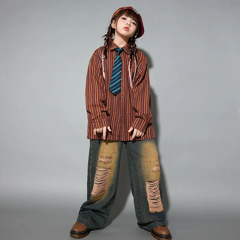 Girls Hip Hop Set Cool Shirt Denim Vest Ripped Jeans Clothes for Boys Jazz Street Dance Kids Streetwear Costume