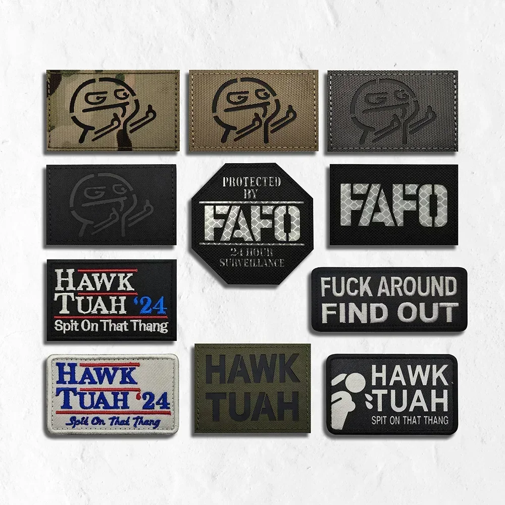 HAWK TUAH Funny Nylon Patches Reflective Tactical Armband Hook and Loop Middle Finger Morale Stickers Clothes Backpack Hat Decor