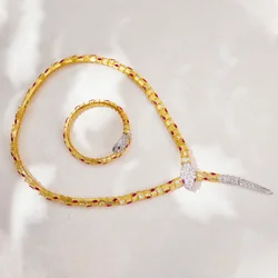 Designer Collection Style Narrow Bracelet Necklace Plated Gold Color Green Red Zircon Snake Serpent Dinner Party Jewelry Sets
