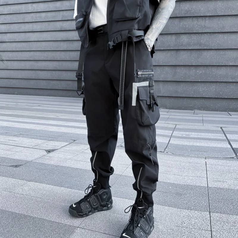 Techwear Style Overalls Men's Trendy Loose Tappered Multi-Pocket Mountaineering Black Trousers All-Matching Casual Pants