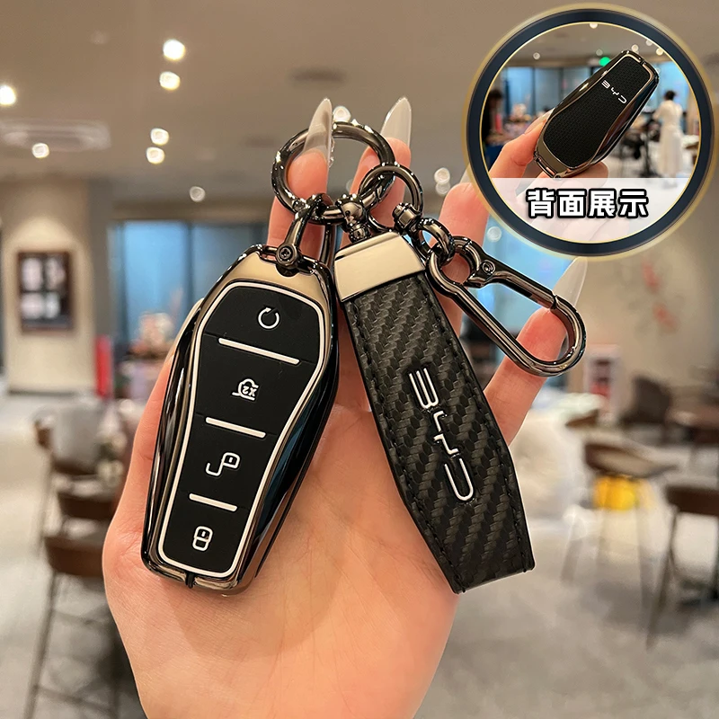 

Zinc Alloy New Leather Car Key Case Cover Shell Fob For BYD Song Plus Atto 3 Han EV DM Qin Seal Dolphin Protective Auto Keychain