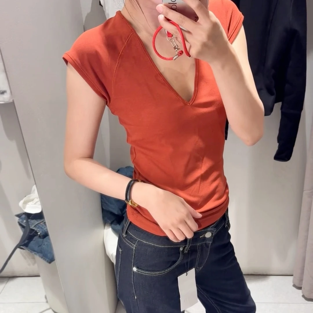 

Summer 2026 Sexy V-Neck Short Sleeve Slim Fit Orange T-Shirt Women's Fashion Casual Top Comfortable Cotton Hot Girl Shirt