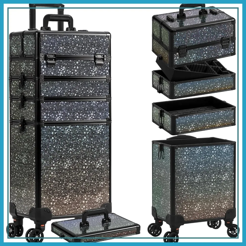 

5-in-1 Rolling Makeup Train Case on Wheels, Large Cosmetic Organizer Travel Cart for Hairstylist Artist Salon, Black