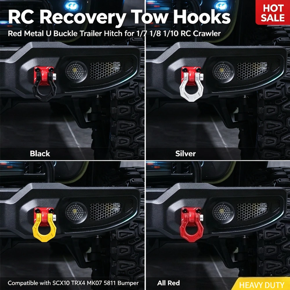 RC Recovery Tow Hooks Red Metal U Buckle Trailer Hitch for 1/7 1/8 1/10 RC Crawler Compatible with SCX10 TRX4 MK07 5811 Bumper