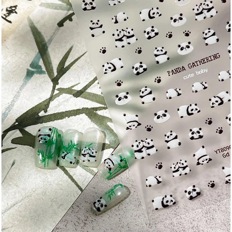 Cute Panda Jelly Nail Stickers With Shiny Panda Pattern Green Bamboo Bear Paw Print Design Self Adhesive For Nail Decoration DIY