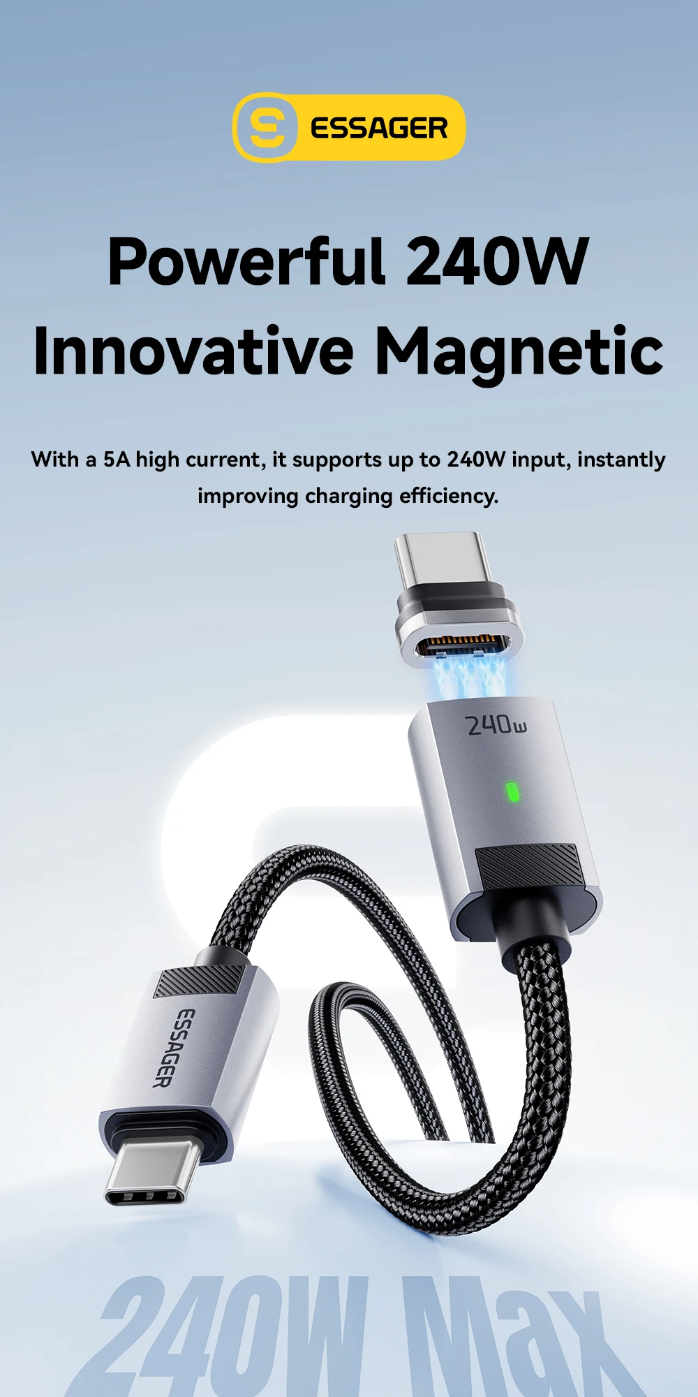 Essager 240W Magnetic Charging Cable E Marker USB C To Type C Cable PD3.1 Fast Charging For iPhone 17 16 Samsung S25 iPad Laptop