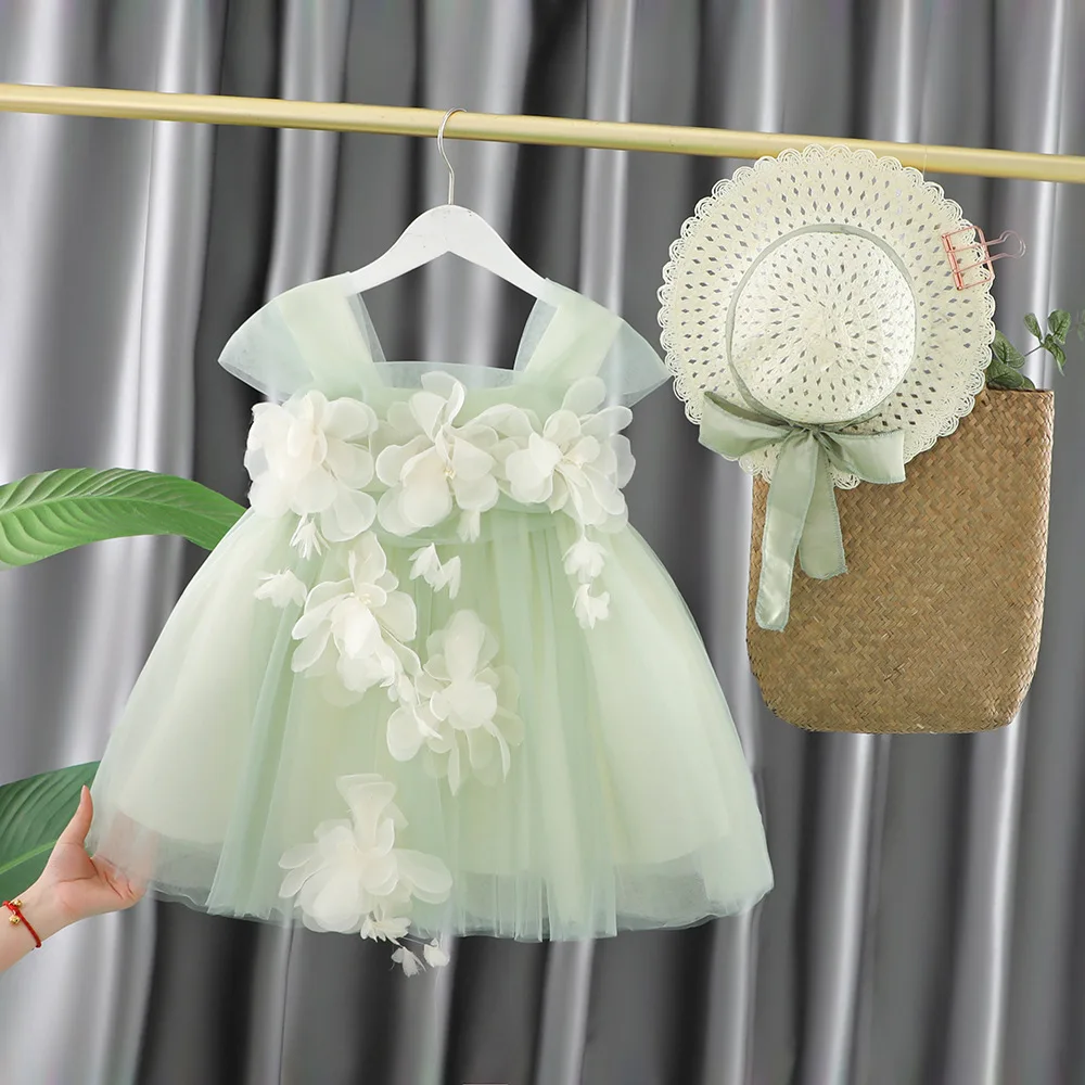 2pcs Toddler Girls Fashion Dress Hat Green 0-5Years Summer Girl Dress Children Flower Wear Princess Dress for Girls Kids Clothes