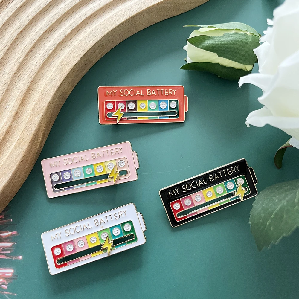 4PCS My Social Battery Interactive Enamel Pins, Funny Mood Slider Metal Brooch Badge Introvert Jewelry Gift