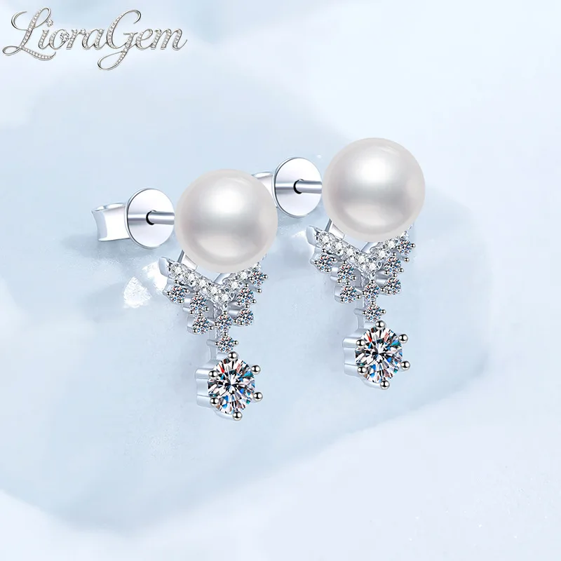 LioraGem Moissanite Freshwater Pearl Tassel Earring Girl, Exquisite Crown 30-Point Moissanite Stud Earrings Platinum PT950 Stamp