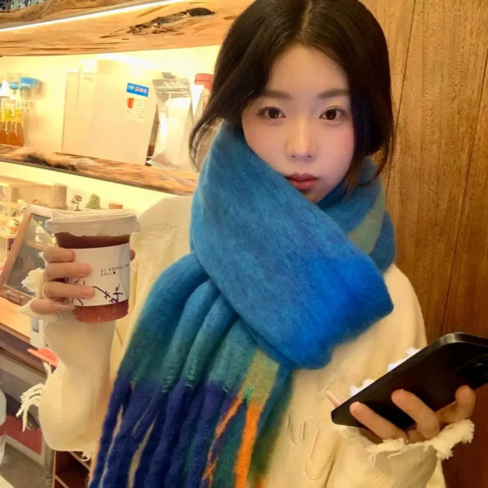 Women\'s Winter Cashmere Scarf Stripe Mohair Long Tassel Scarves Fashion Luxury Warm Wool Scarves Shawl Soft Thicken Shawl Wrap