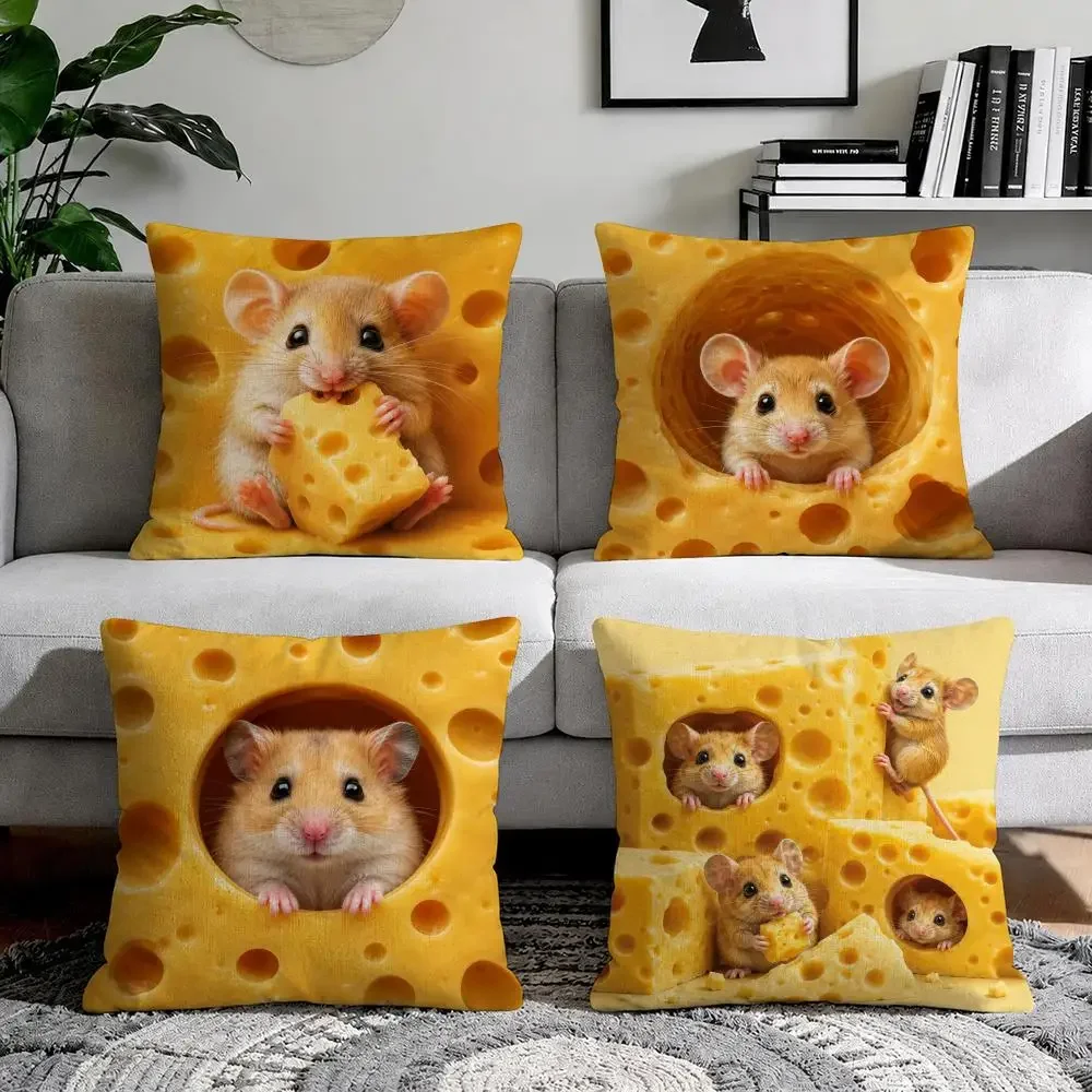 Realistic print of cheese and mice Cushion Cover Natural Breathable Durable Linen Printed Decor Pillow Case Sofa Bedroom