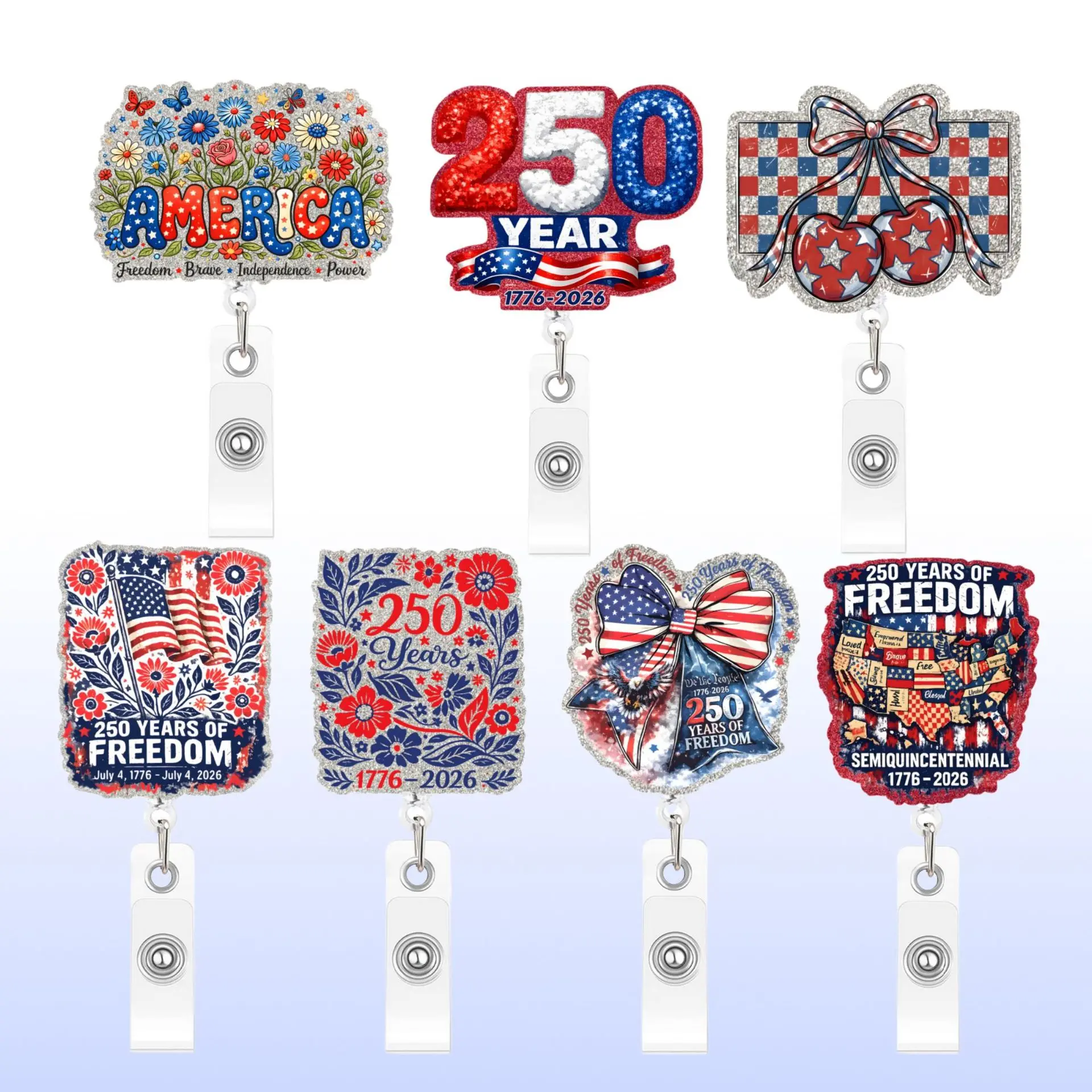 1pc 250th Anniversary of The United States Retractable Badge Reels Patriotic Glitter ID Badge Holders with Alligator Clip