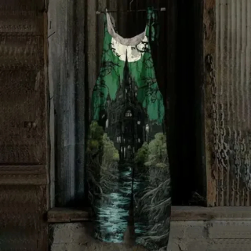 

2025 Summer Women's Stylish Breathable One-Piece Pants, 3D Horror Castle Print, Daily Casual Loose One-Piece Pants