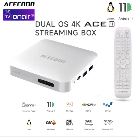 4K Dual OS(Andriod or Linux System) TV Box ACECONN ACE11 TVONAIR3+ platform 2GB 32GB BT Remote RCU Auto Learning OTA app