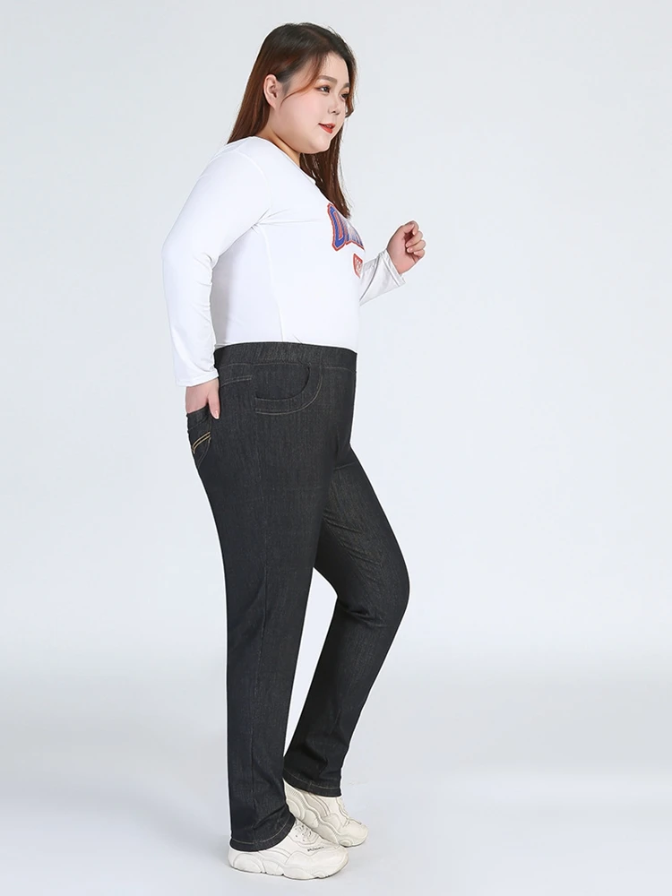 بنطال رصاص مطرز عالي الخصر للنساء، جينز جيب مرن، موضة الخريف، مقاس كبير، 7XL، 8XL، 9XL، طراز جديد.