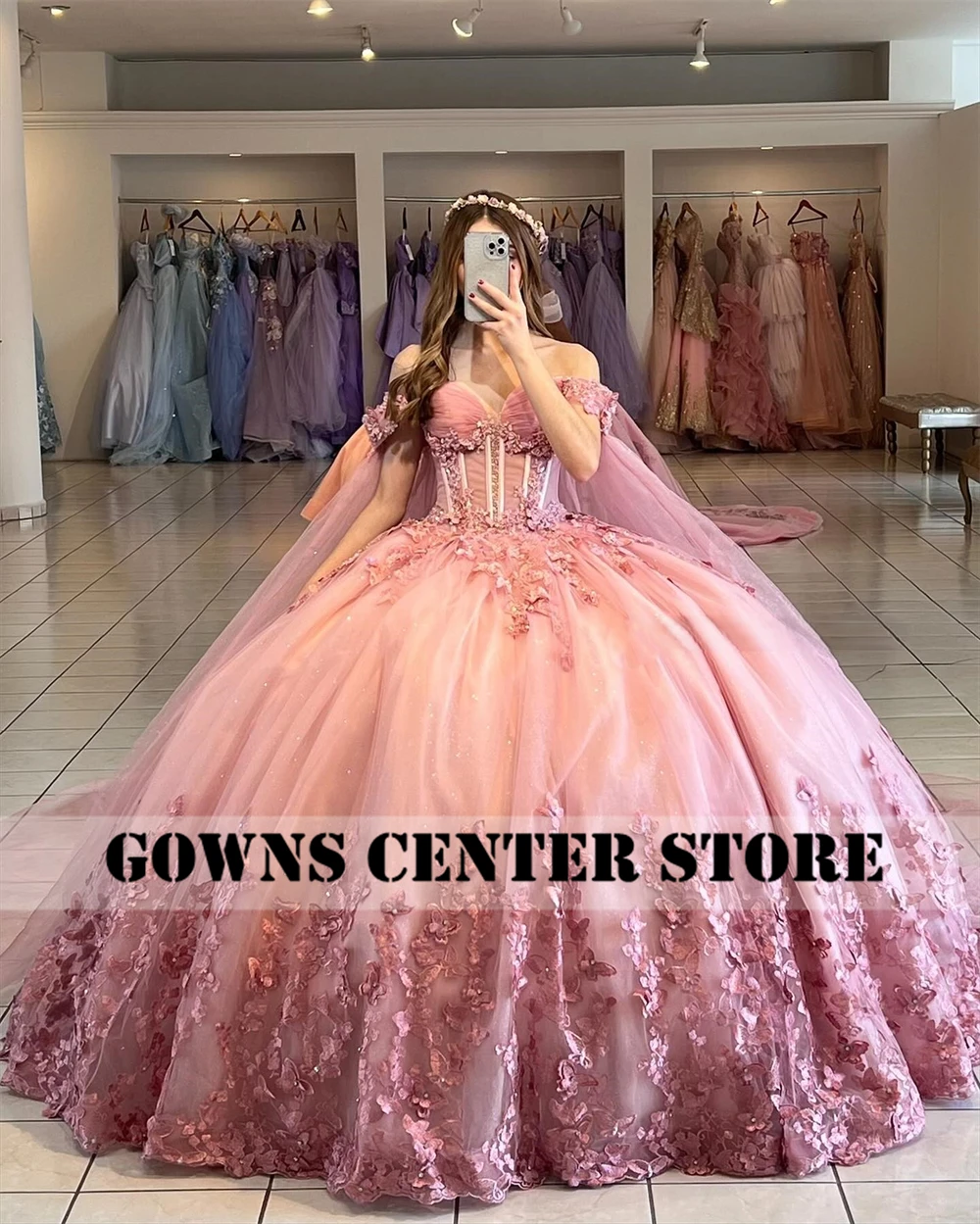 Adorable Pink Butterfly Applique Quinceanera Dresses Beads Ball Gown With Cape 15 Years Old Dress vestidos de xv años Customized