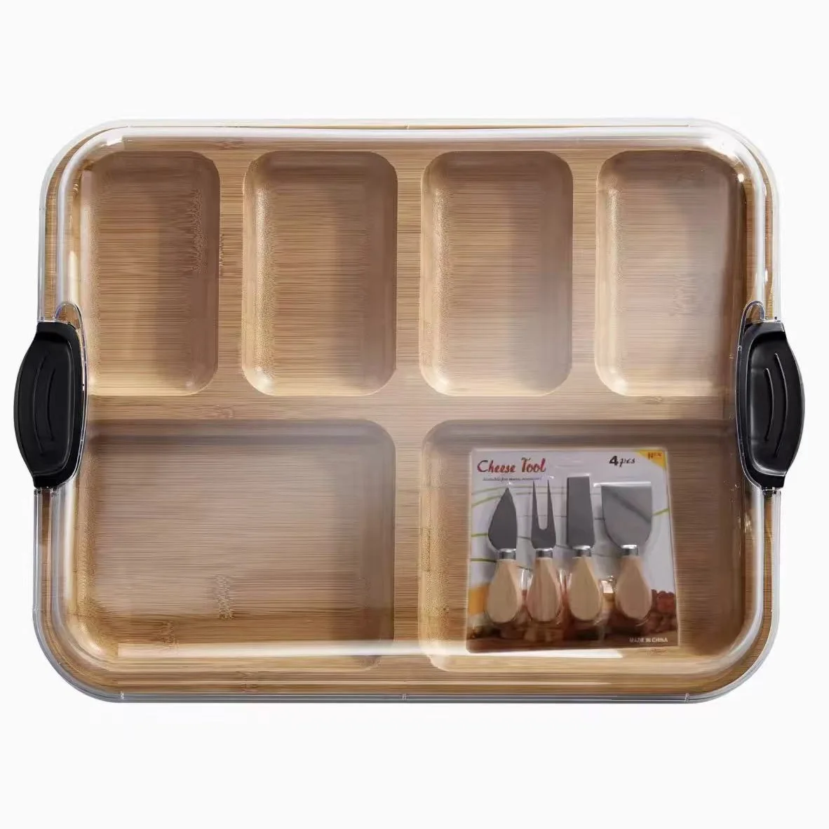 new Deli Pastry Plate Household Kitchen Vegetables Fruit Candy Cheese Tray Outdoor Camping Bamboo Tray with Acrylic Cover