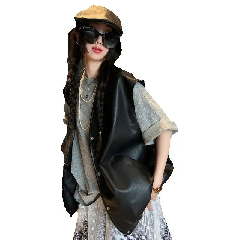 Fashion Vest Women Spring Autumn Waistcoat 2025 New Loose Casual Design Sense Vests Coat Tank Top Sleeveless Leather Jacket
