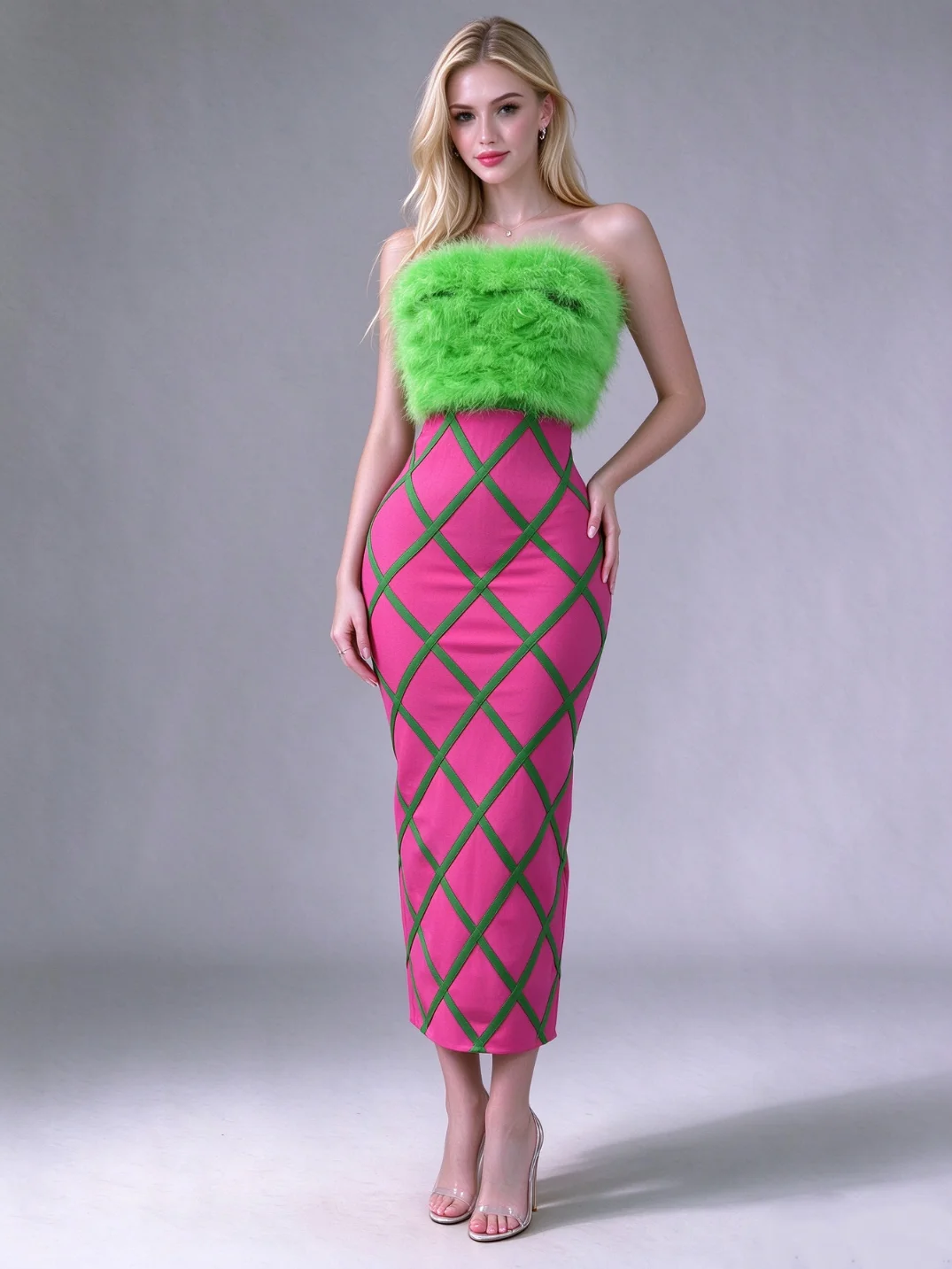 Green Feather Strapless Color Block Plaid Midi Bodycon Dress Summer Luxury Celebrity Evening Gown Bandage Dress