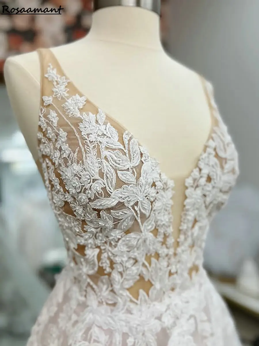 Newest Illusion V-Neck Backless A-Line Wedding Dresses Sleeveless Appliques Lace Country Bridal Gowns
