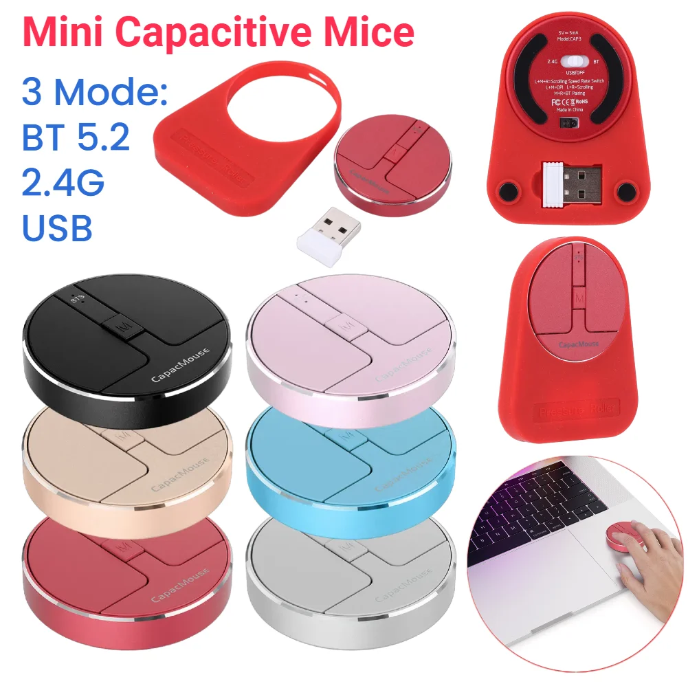 Wireless Mice 3 Adjustable DPI Mini Capacitive Mouse 3 Mode BT 5.2/2.4G/USB with USB Receiver for PC Laptop Notebook Desktop