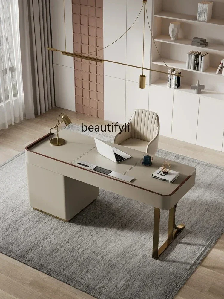 54Light luxury minimalist modern solid wood Italian saddle leather home desk study computer deskSSS