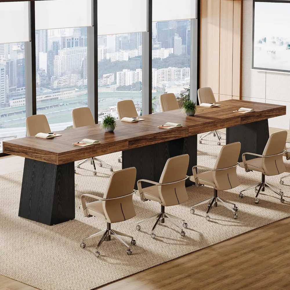 Mały drewniany stół konferencyjny w stylu wiejskim, 55,1 W, dla 4 osób, podwójne nogi trapezowe, idealny do sali konferencyjnej i na symposia.