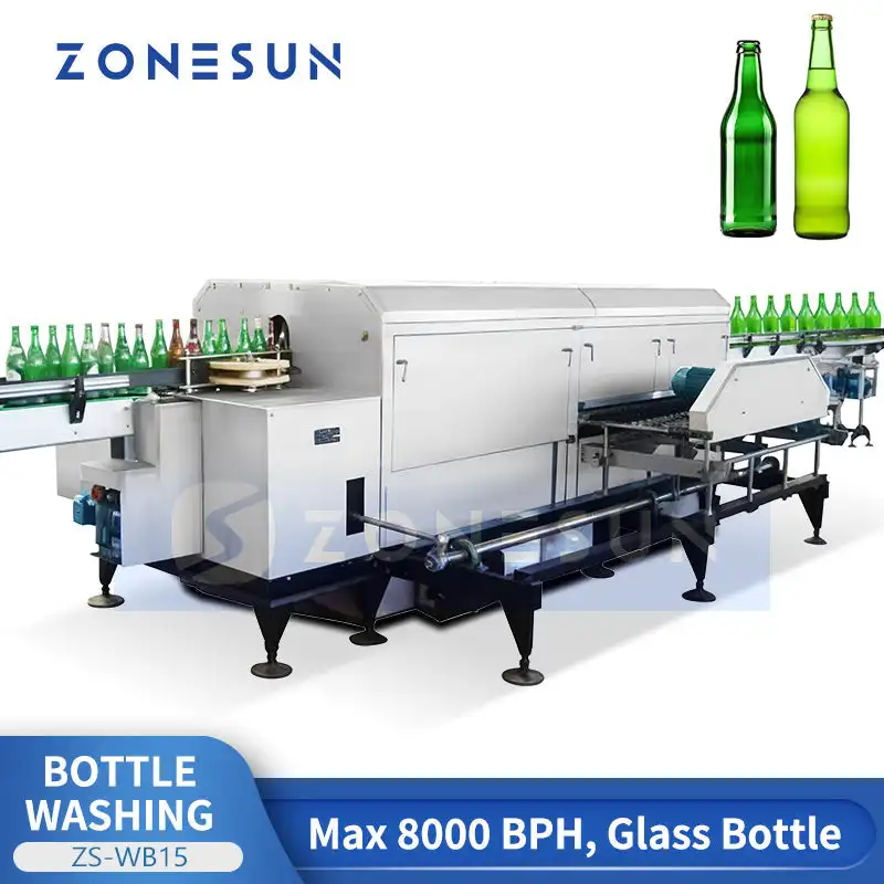 ZONESUN ZS-WB15 Automatic Tunnel Glass Bottle Washing Machine Max 8000 BPH Linear Beer Wine Jar Rinsing Cleaning Equipment