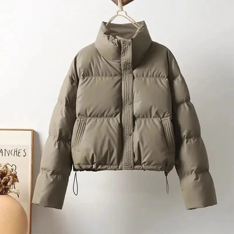 Damska skórzana kurtka puchowa z bawełną 2025, uniwersalna zimowa parka, modna kurtka studencka, damska ocieplana odzież wierzchnia z bawełny.