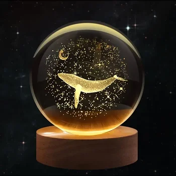 1pc 3D Laser Engraving Moon with Whale Walk, Crystal Ball Night Light, Modern Polished Gla