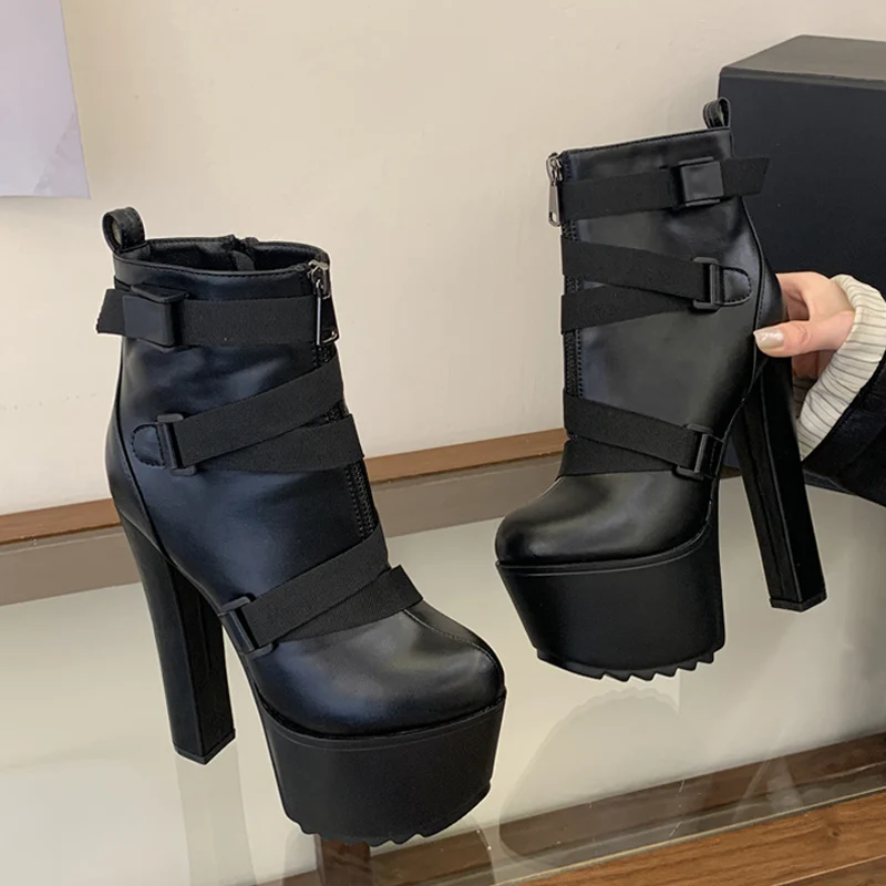 Liyke Autumn Winter Street Sexy Chunky Platform Heels Ankle Boots For Women Round Toe Zip Belts Strap Lady Party Prom Shoe Black