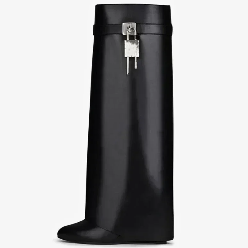 

2025 Spring Lock Boots Women Designer Knee Boots Women Brand High Heel Knight Boots Fold Fashion Gothic Wedge Long Boot