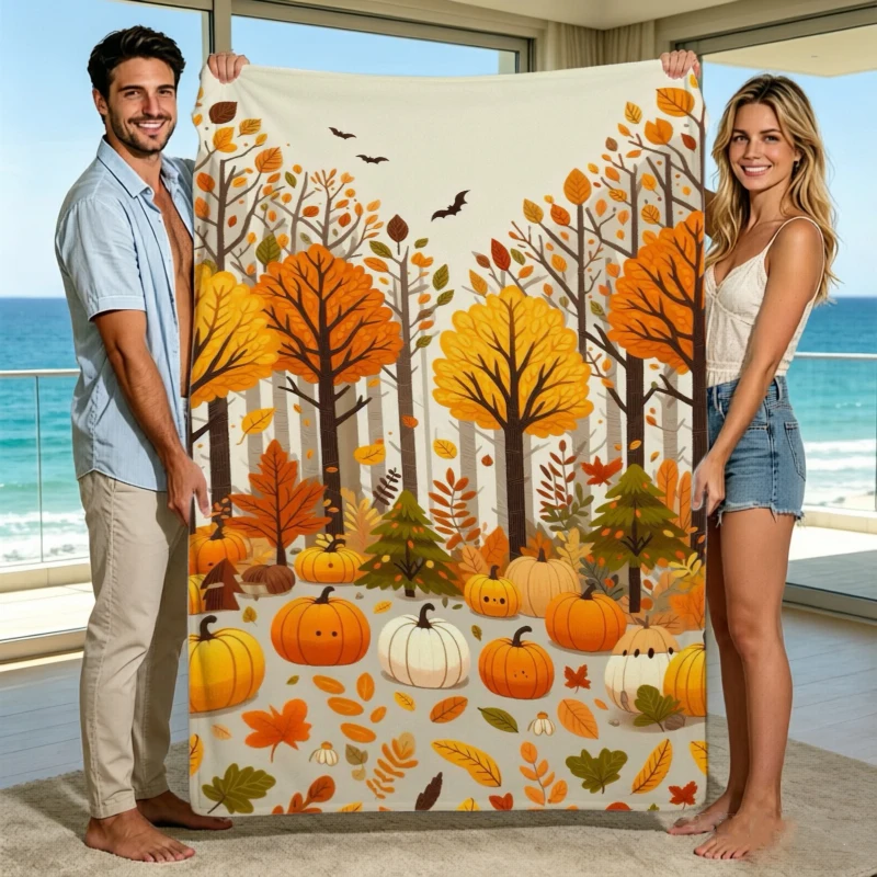 Harvest Pumpkin Maple Leaf Candle Fall Throw Blanket Patio Blanket Sunroom Nook Living Room Lounge Bedroom Den Presents