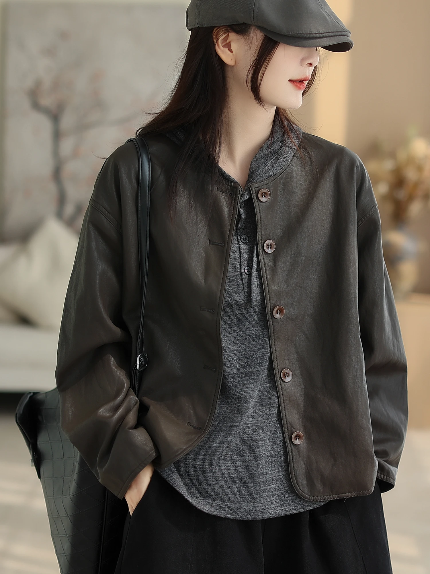 Cyu 秋のファッション PU レザーコート ラウンドネック スリミング レディース トップス カジュアル スタイル ルーズフィット 長袖 コットンブレンド